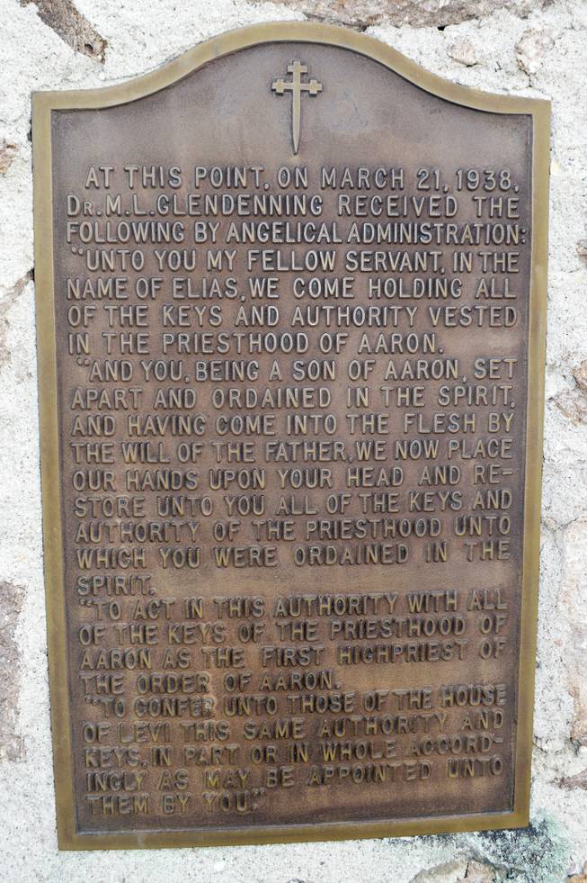 A monument on Hancock Summit off of State Route 375, southeast of Rachel, says this:.AT THIS POINT, ON MARCH 21, 1938,.DR. M. L. GLENDENNING RECEIVED.THE FOLLOWING BY ANGELICAL.ADMINISTRATION:."UNTO YOU MY FELLOW SERVANT, IN.THE NAME OF ELIAS, WE COME.HOLDING ALL OF THE KEYS AND.AUTHORITY VESTED IN THE.PRIESTHOOD OF AARON.."AND YOU, BEING A SON OF AARON,.SET APART AND ORDAINED IN THE.SPIRIT. AND HAVING COME INTO.THE FLESH BY THE WIU OF THE.FATHER, WE NOW PLACE OUR.HANDS UPON YOUR HEAD AND.RESTORE UNTO YOU ALL OF THE OF.THE KEYS AND AUTHORITY OF THE.PRIESTHOOD UNTO WHICH YOU.WERE ORDAINED IN THE SPIRIT.."TO ACT IN THIS AUTHORITY WITH.ALL OF THE KEYS OF THE.PRIESTHOOD OF AARON AS THE.FIRST HIGHPRIEST OF THE ORDER.OF AARON.."TO CONFER UNTO THOSE OF THE.HOUSE OF LEVI THIS SAME.AUTHORITY AND KEYS IN PART OR.IN WHOLE ACCORDINGLY AS MAY.BE APPOINTED UNTO THEM BY YOU.".